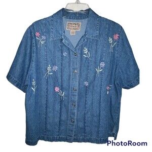 Tantrums Blues Shirt Womens Large Button Front Denim Embroidered Floral boho y2k